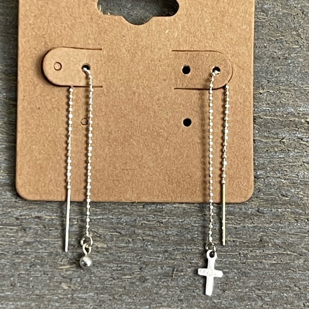 Sterling Silver Pull through chain earrings w/Cross & ball charm. Handmade new